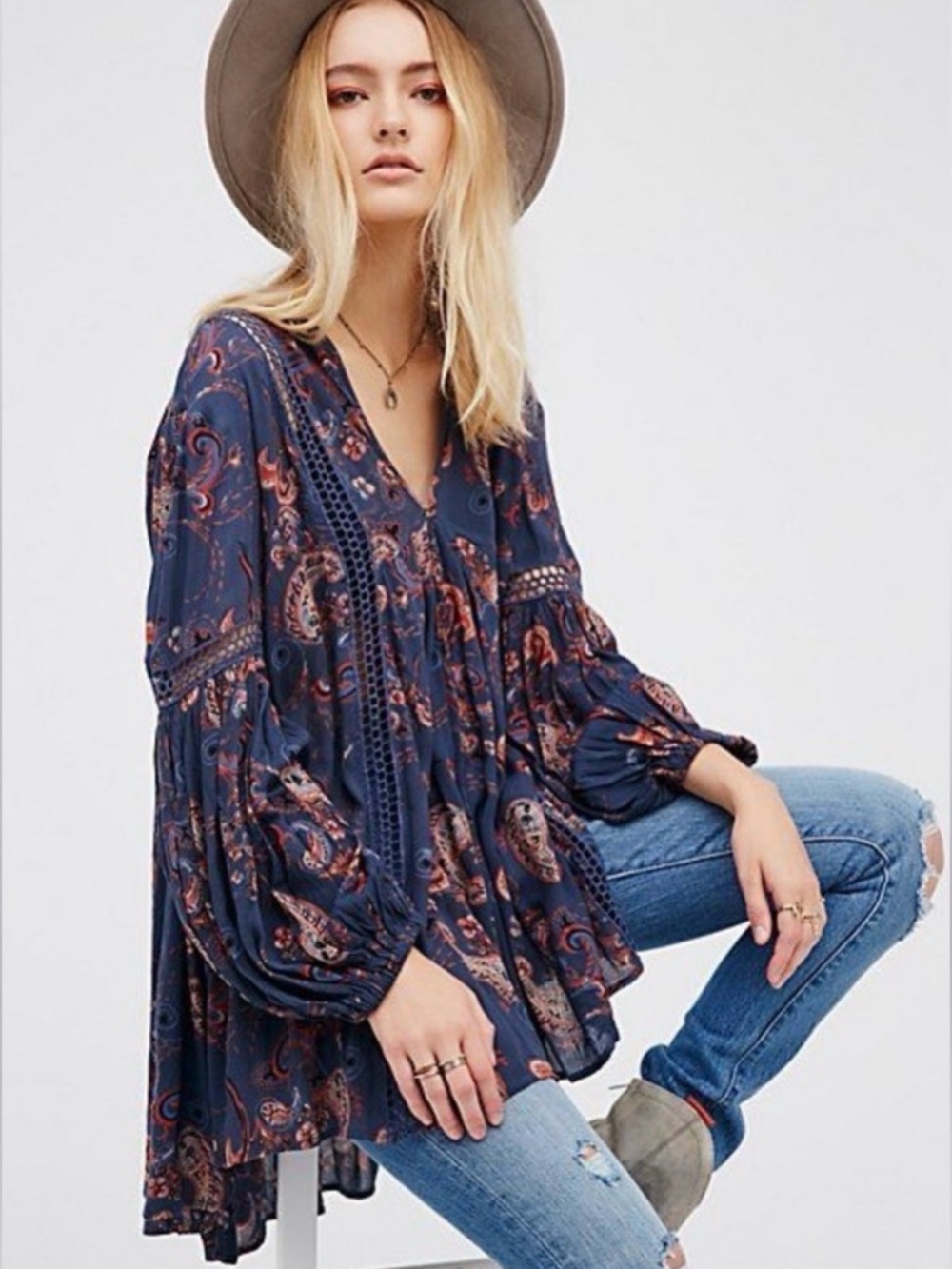Free People Navy Paisley Peasant Tunic Top Size Small Oversized Boho